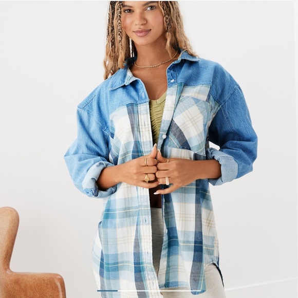 AE Mixed Denim Plaid Flannel Boyfriend Button Down Collar Shirt Women’s XS - Picture 1 of 11